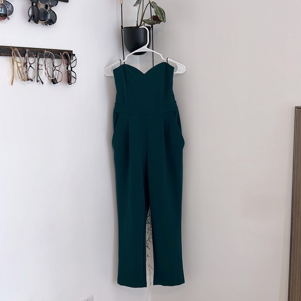 Express emerald green strapless jumpsuit